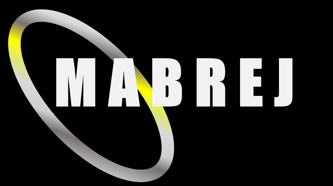 Mabrej Logo - white Mabrej text with gold ring on black background